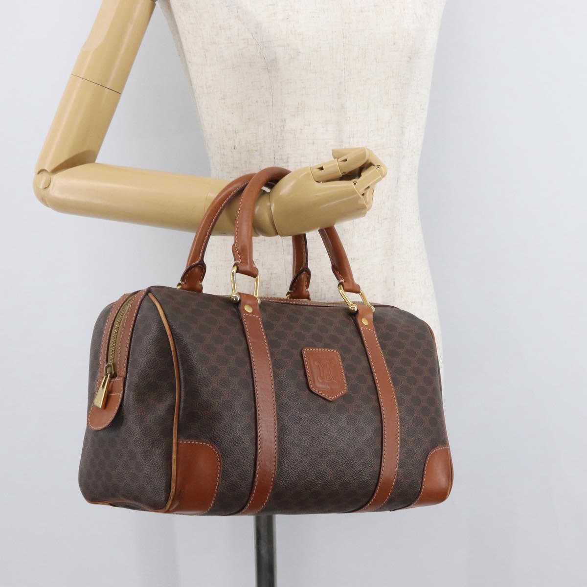 CELINE Macadam Canvas Boston Bag PVC Leather Brown Gold Auth BA13030