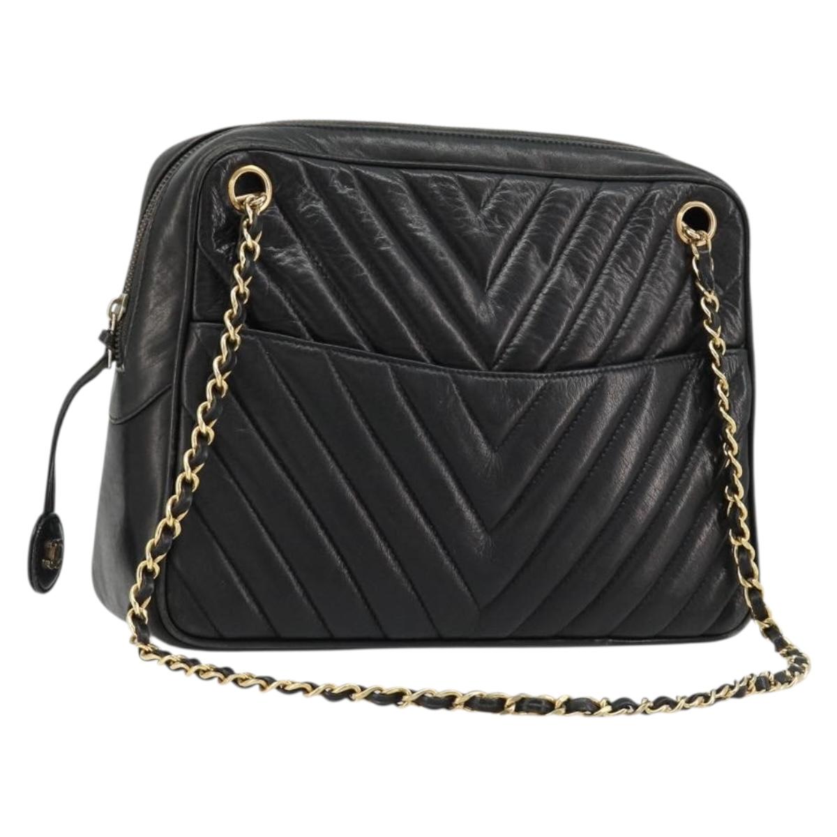 CHANEL V Stitch Chain Shoulder Bag Lamb Skin Black Gold CC Auth BA13037