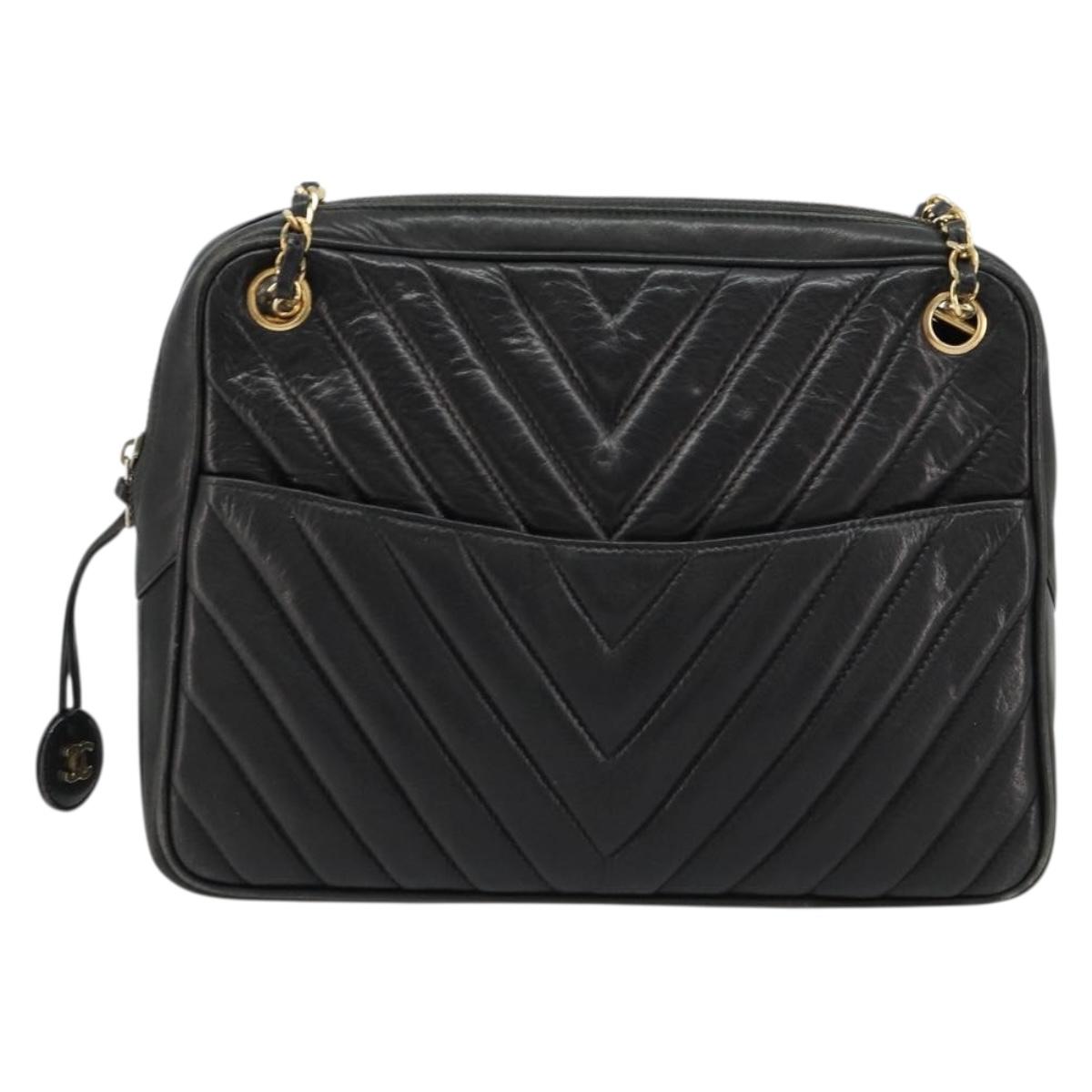 CHANEL V Stitch Chain Shoulder Bag Lamb Skin Black Gold CC Auth BA13037