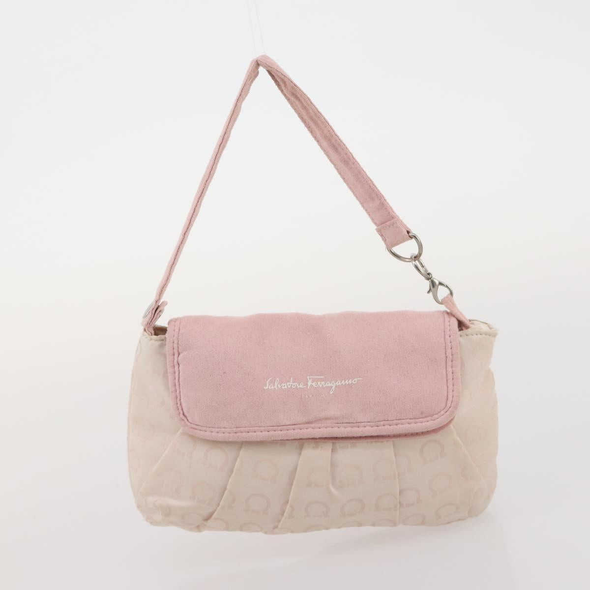 Salvatore Ferragamo Hand Bag Nylon Leather 2 Set White Pink Auth BA13059