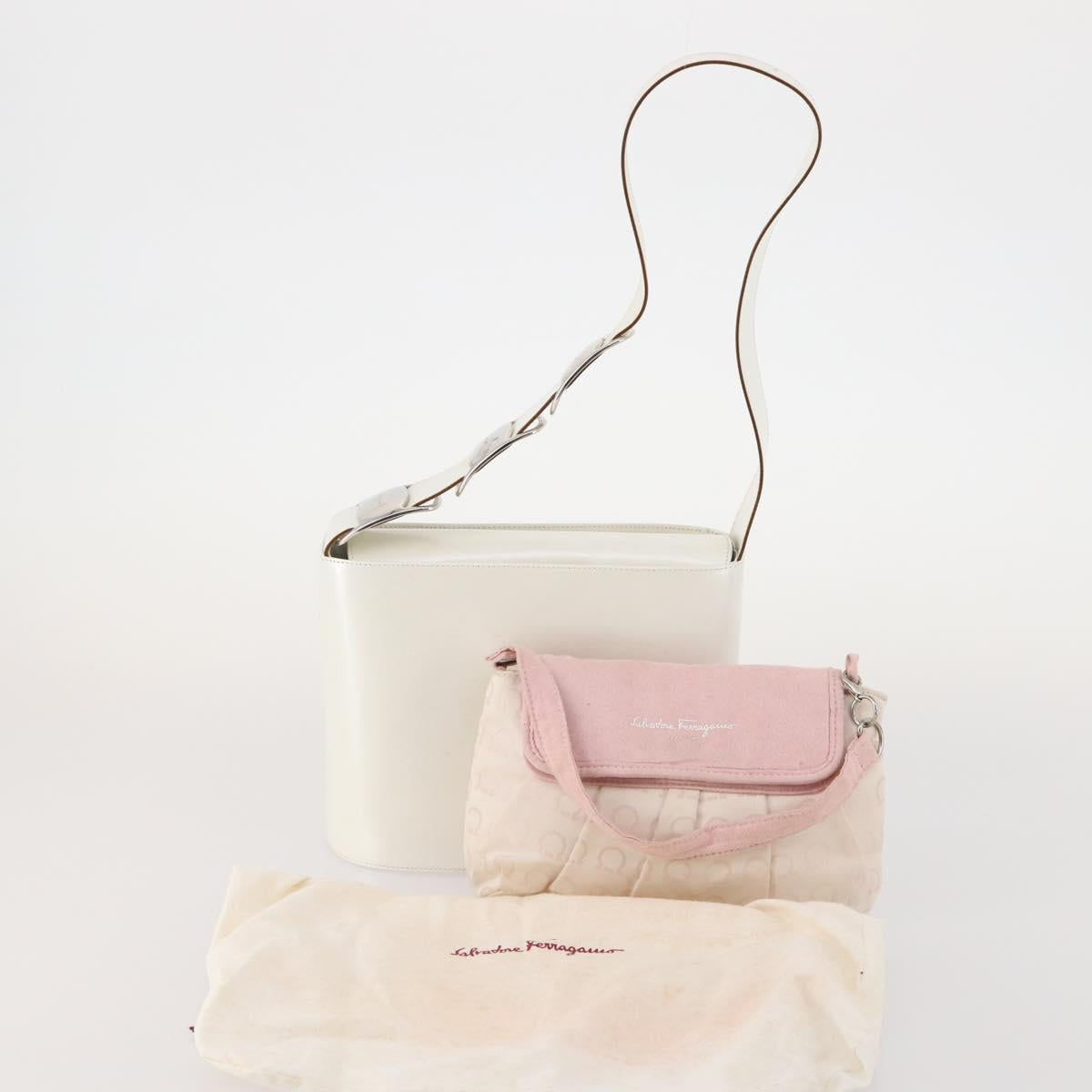 Salvatore Ferragamo Hand Bag Nylon Leather 2 Set White Pink Auth BA13059
