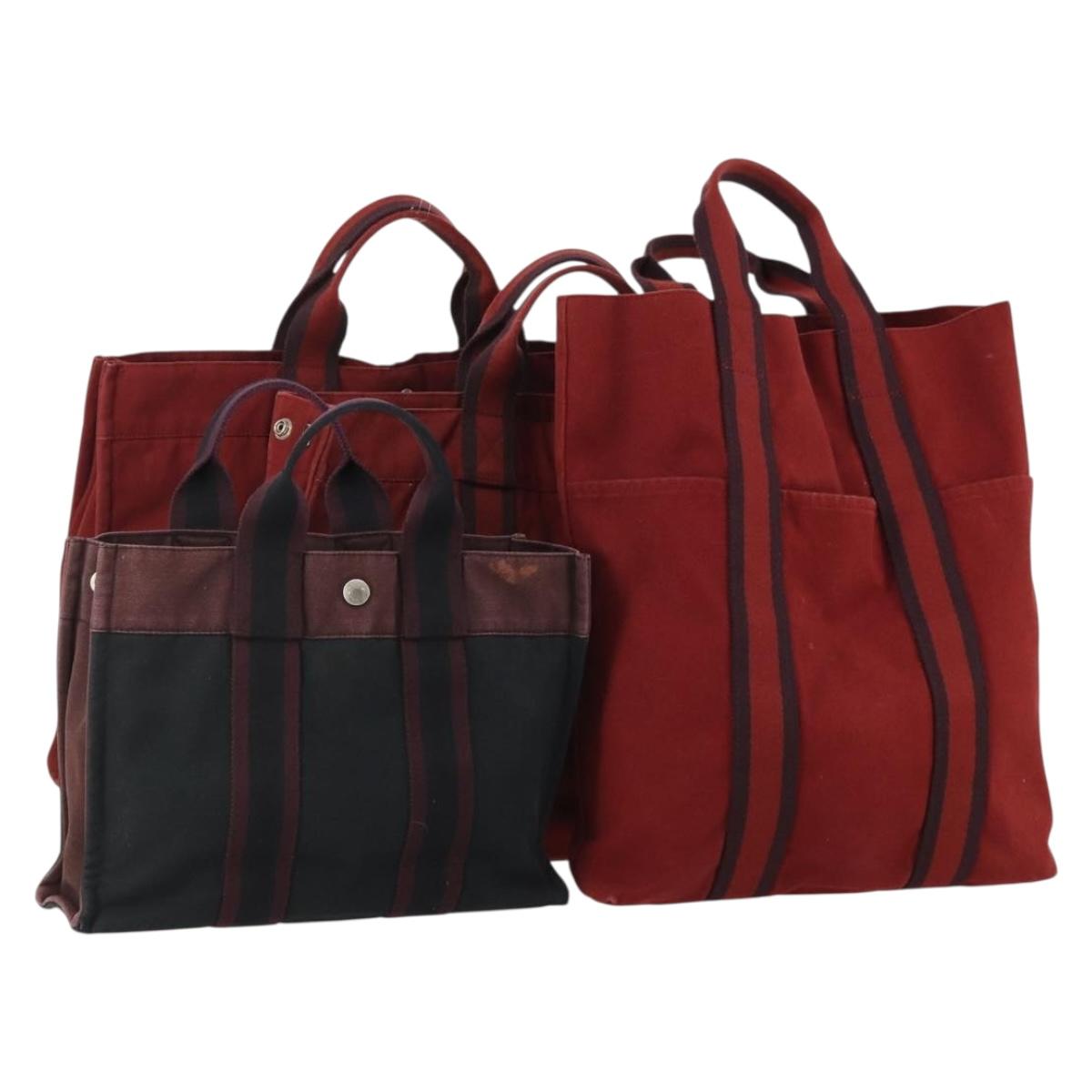 HERMES Her Line Hand Bag Canvas 4 Set Red Black Auth BA13063