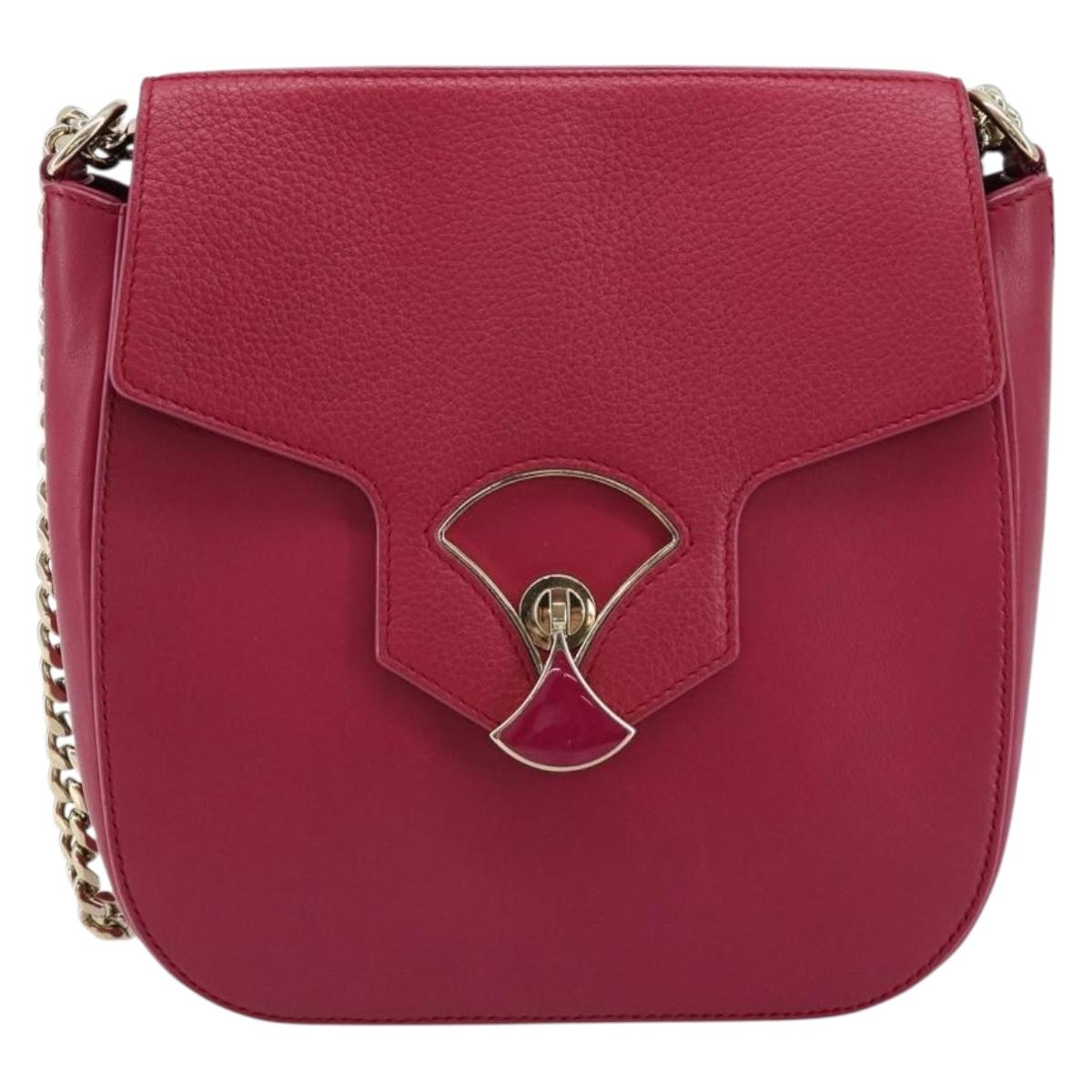 BVLGARI Chain Shoulder Bag Leather Pink Gold Auth BA13069A