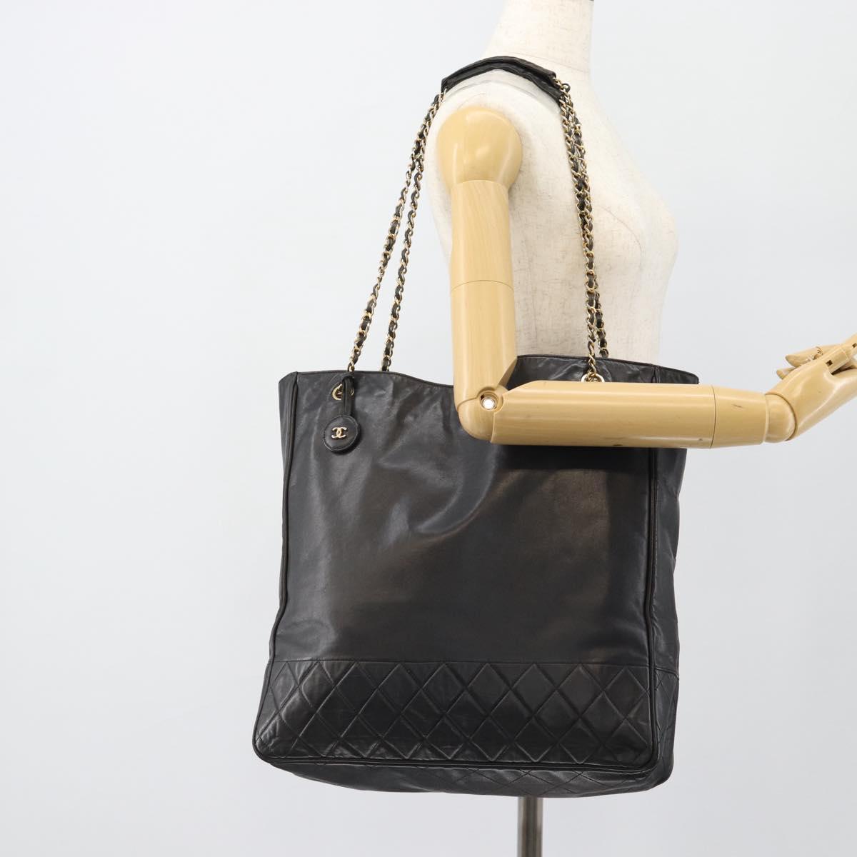 CHANEL Matelasse Chain Tote Bag Leather Black Gold CC Auth BA13071