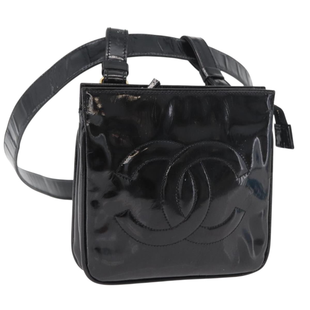 CHANEL Matelasse Waist bag Patent leather Black Gold CC Auth BA13072