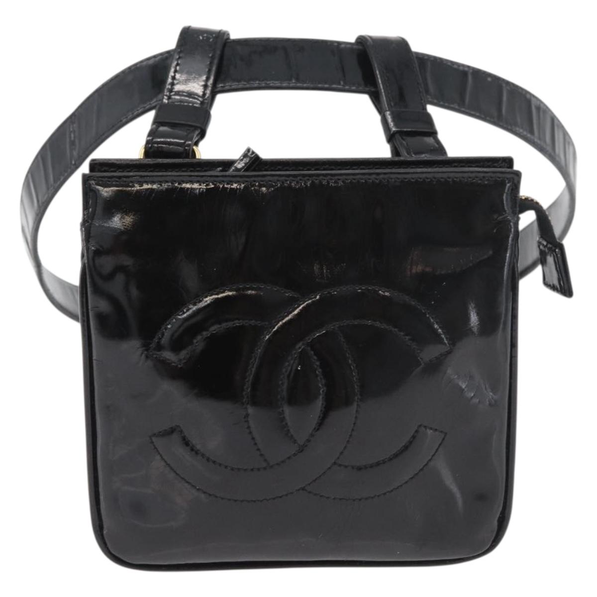 CHANEL Matelasse Waist bag Patent leather Black Gold CC Auth BA13072