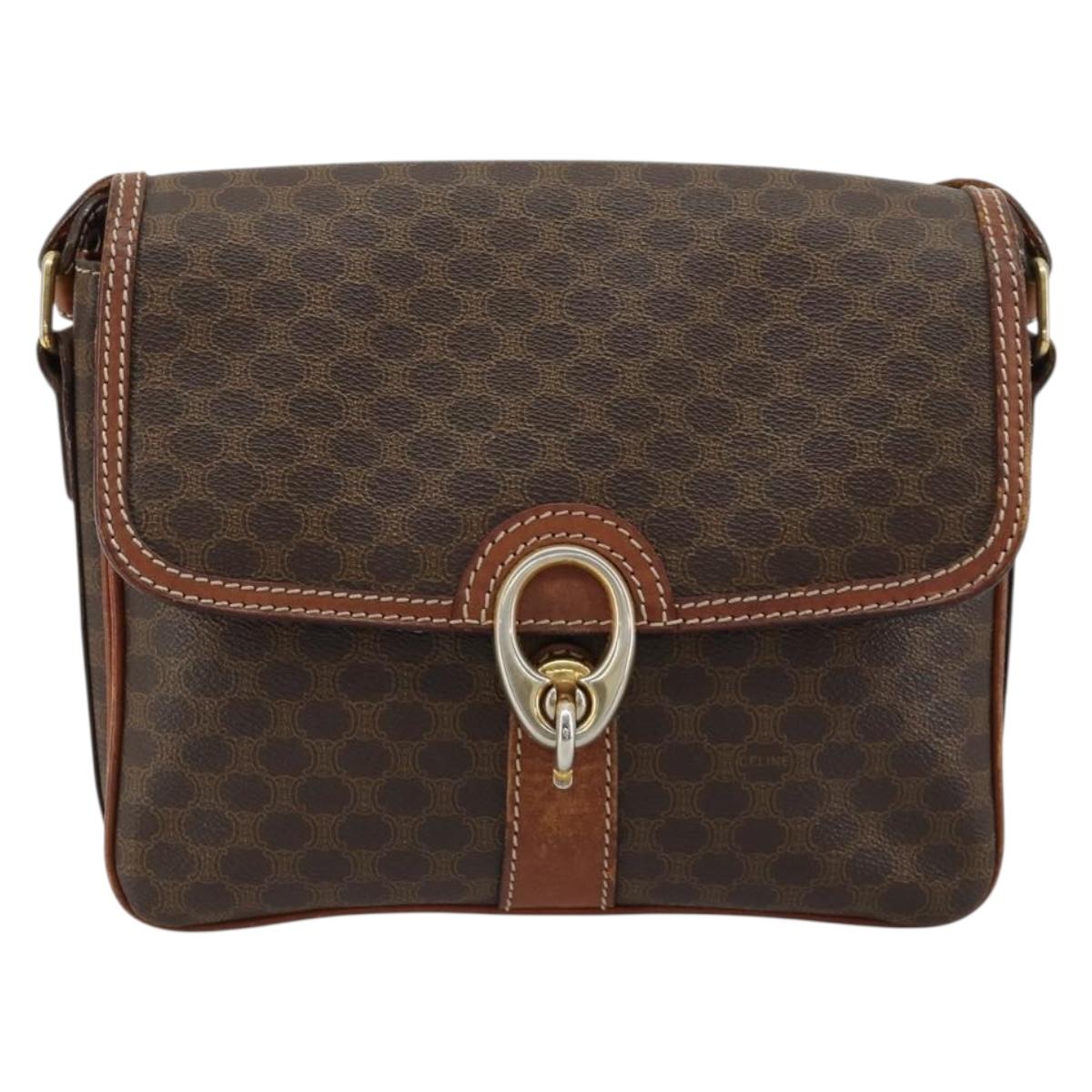 CELINE Macadam Canvas Shoulder Bag PVC Leather Brown Gold Auth BA13077