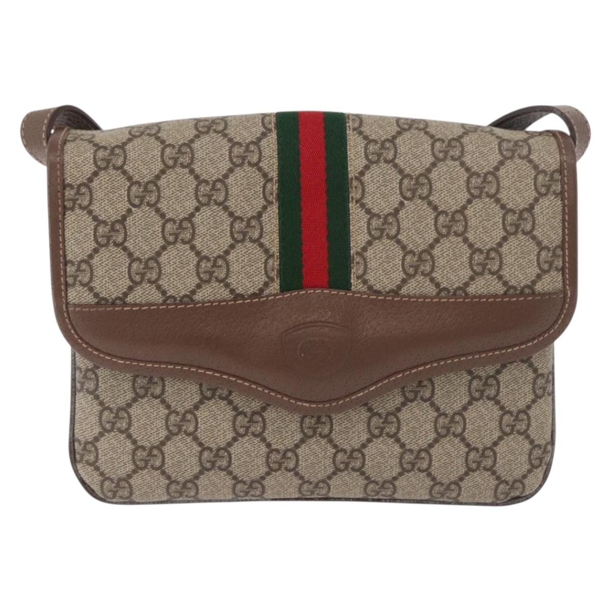 GUCCI GG Supreme Web Sherry Line Shoulder Bag PVC Beige Gold Auth BA13090