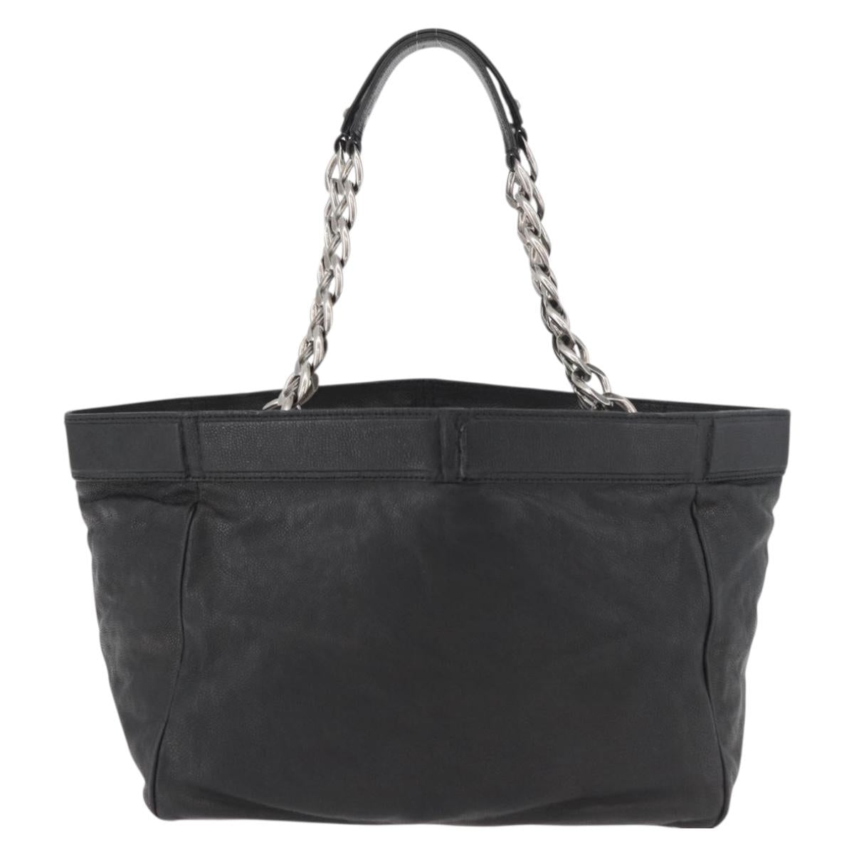 CHANEL Chain Tote Bag Caviar Skin Black Silver CC Auth BA13098