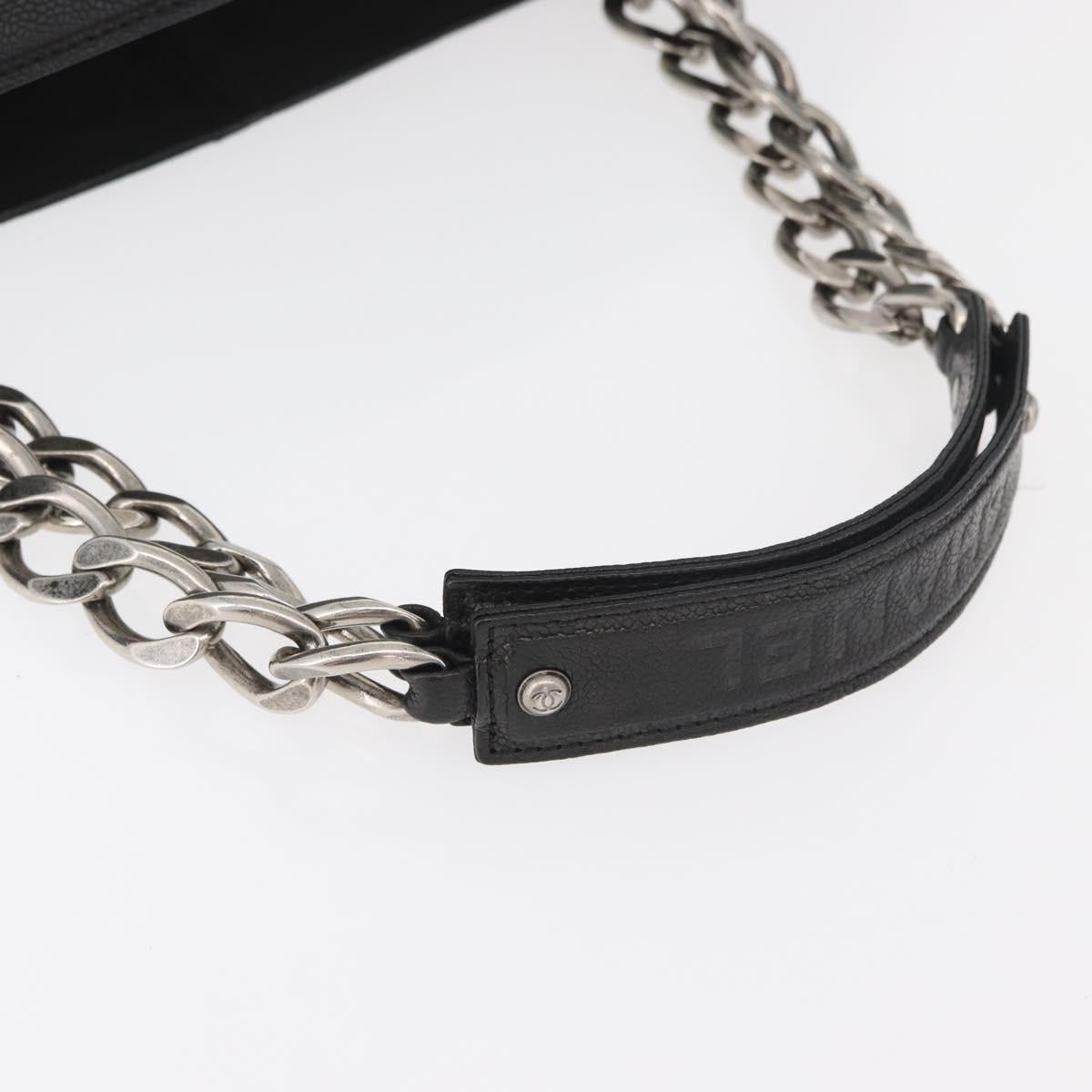 CHANEL Chain Tote Bag Caviar Skin Black Silver CC Auth BA13098
