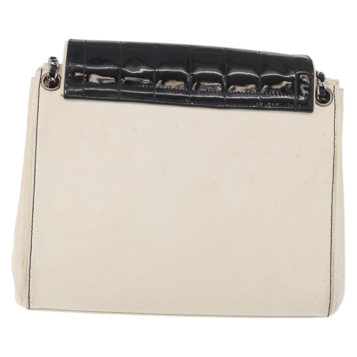 CHANEL Choco Bar Chain Shoulder Bag Leather White Silver black CC Auth BA13099A