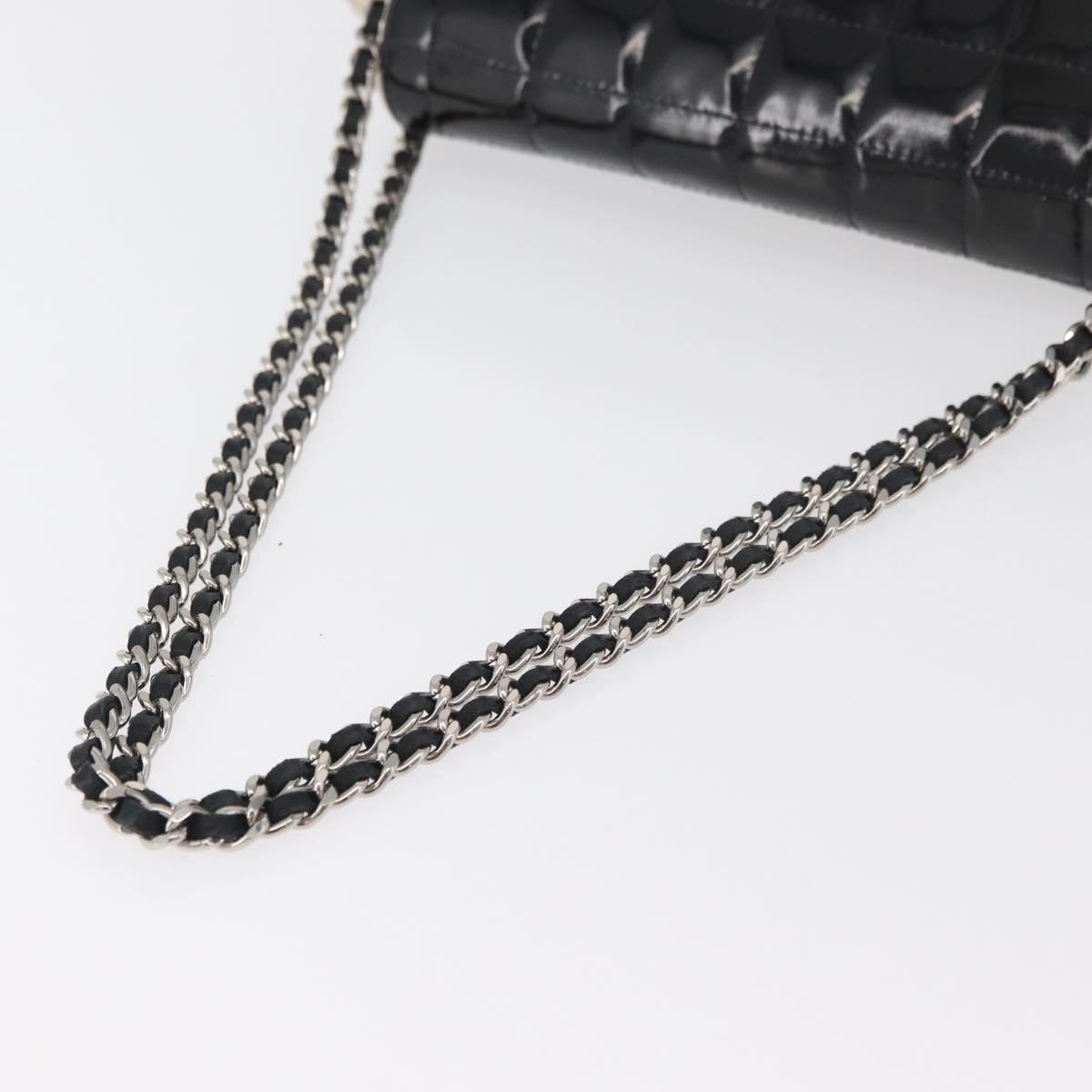 CHANEL Choco Bar Chain Shoulder Bag Leather White Silver black CC Auth BA13099A
