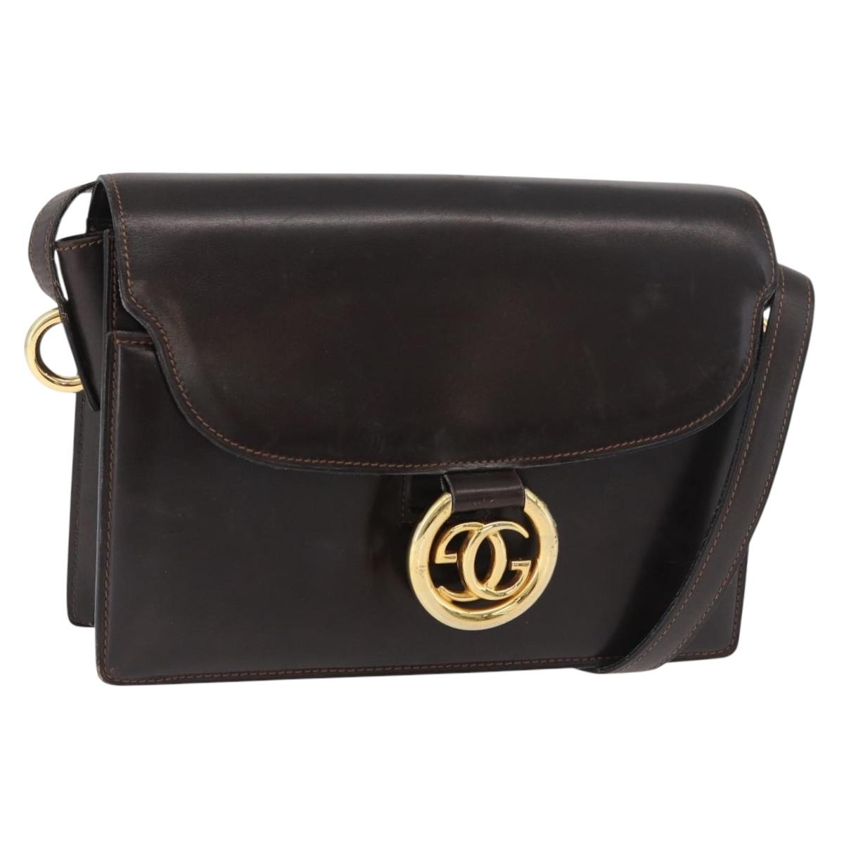 GUCCI Shoulder Bag Leather Brown Gold Auth BA13104