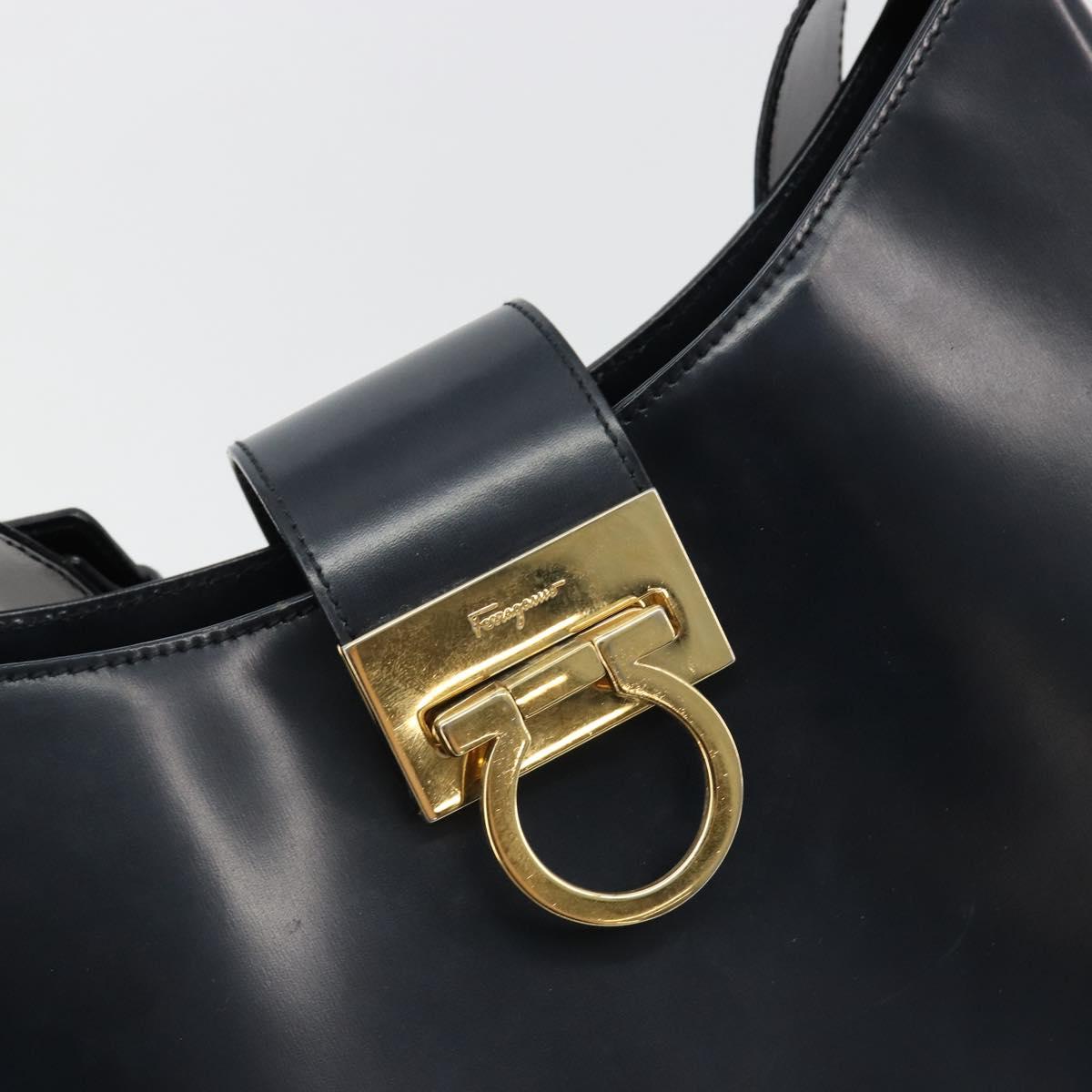 Salvatore Ferragamo Gancini Shoulder Bag Leather Navy Gold Auth BA13105