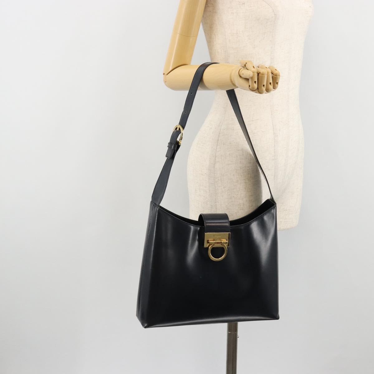 Salvatore Ferragamo Gancini Shoulder Bag Leather Navy Gold Auth BA13105