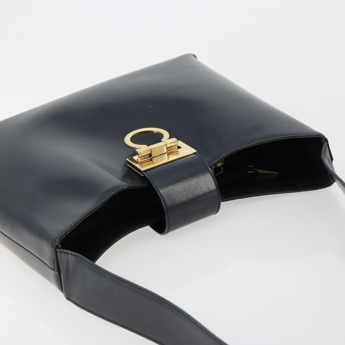 Salvatore Ferragamo Gancini Shoulder Bag Leather Navy Gold Auth BA13105