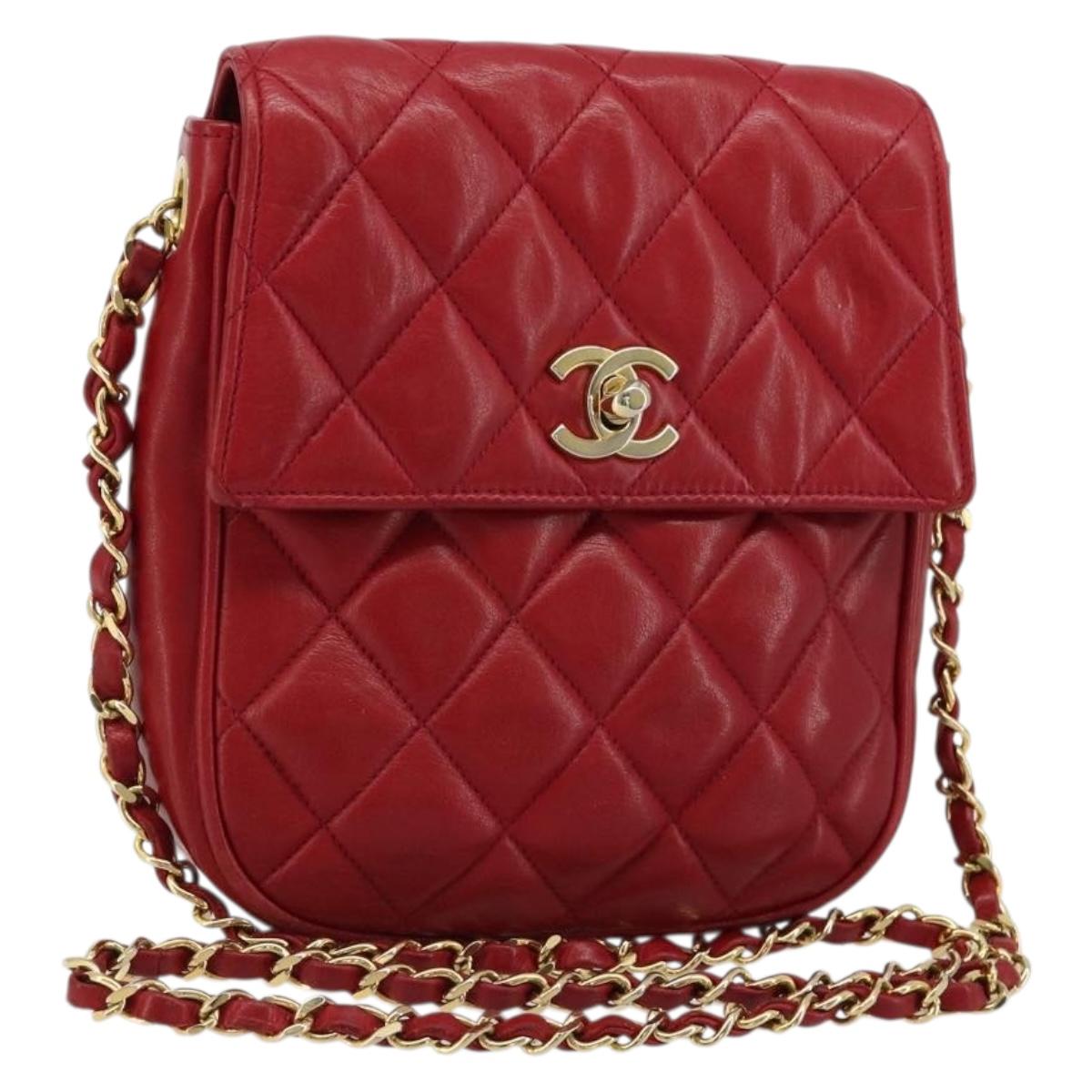 CHANEL Matelasse Chain Shoulder Bag Lamb Skin Red Gold CC Auth BA13106