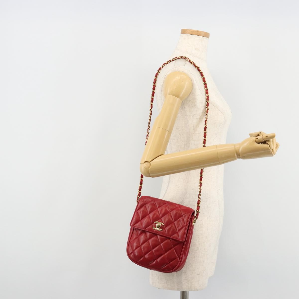 CHANEL Matelasse Chain Shoulder Bag Lamb Skin Red Gold CC Auth BA13106