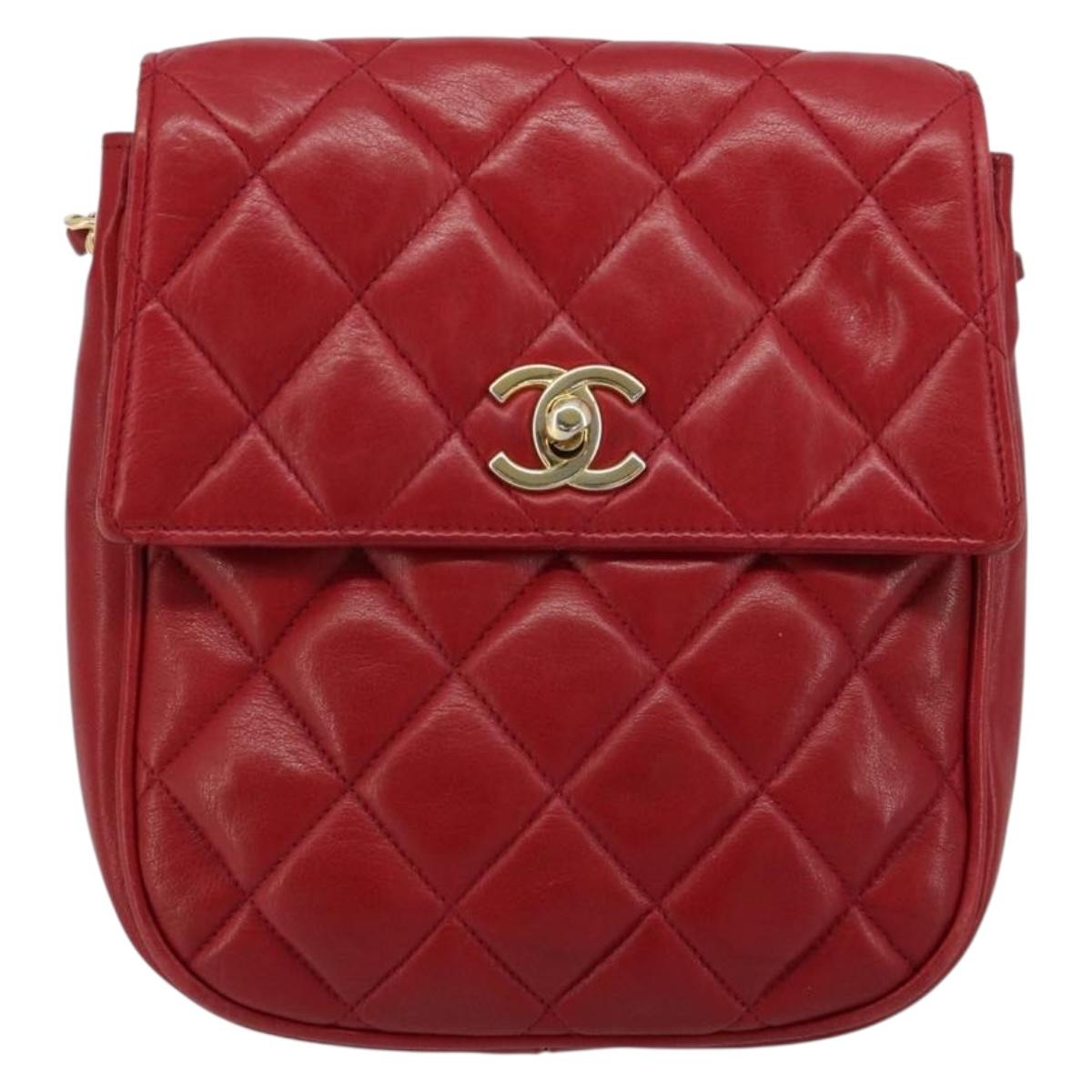 CHANEL Matelasse Chain Shoulder Bag Lamb Skin Red Gold CC Auth BA13106
