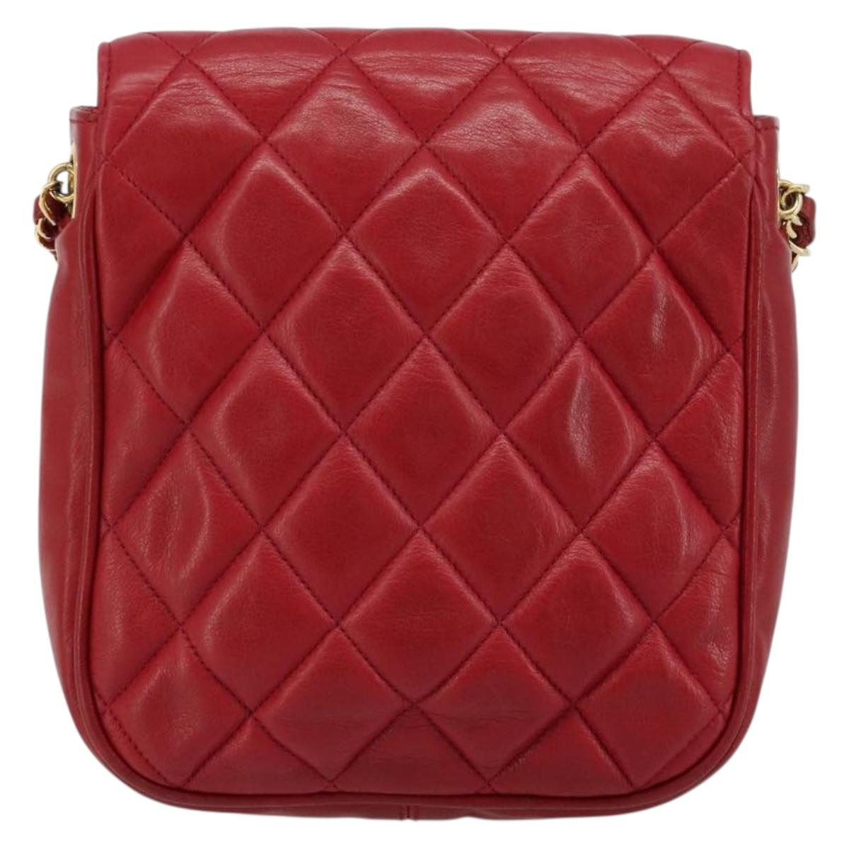 CHANEL Matelasse Chain Shoulder Bag Lamb Skin Red Gold CC Auth BA13106