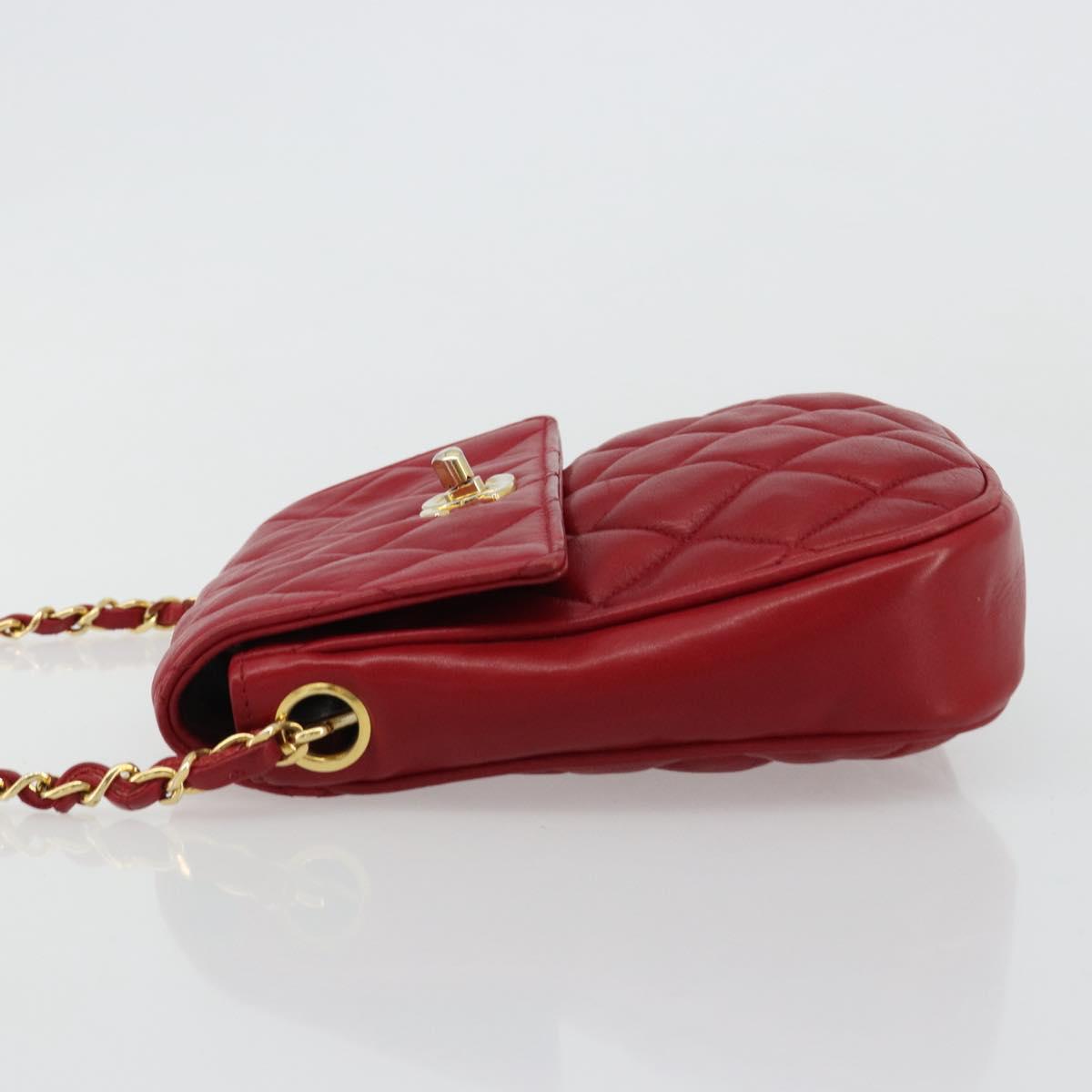 CHANEL Matelasse Chain Shoulder Bag Lamb Skin Red Gold CC Auth BA13106