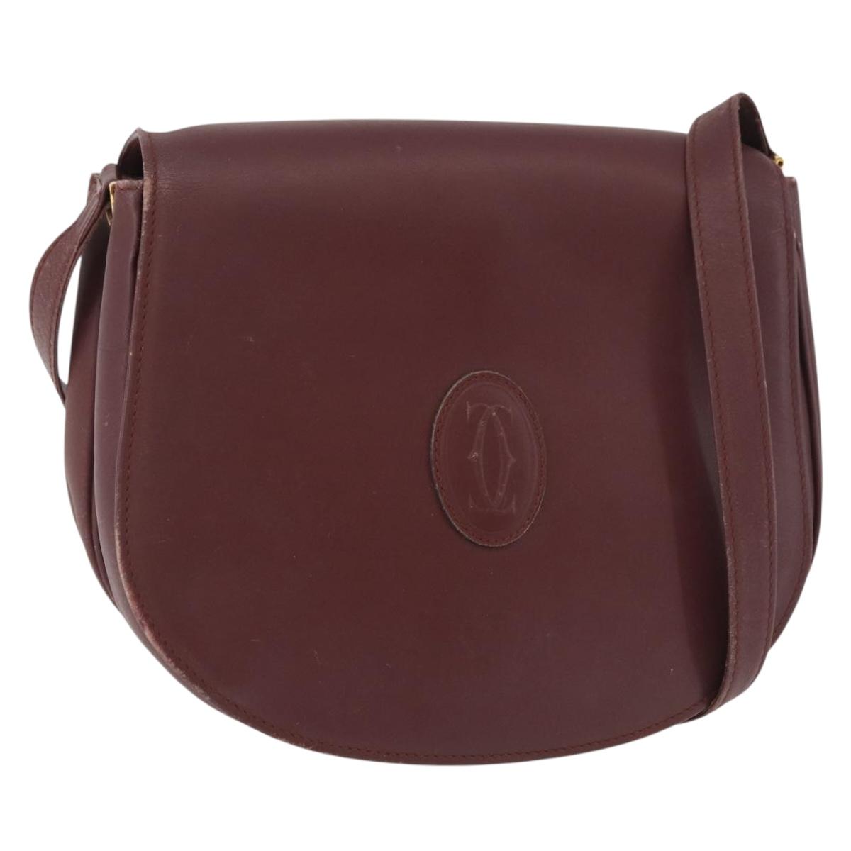 CARTIER Must Line Shoulder Bag Leather Bordeaux Gold Auth BA13122