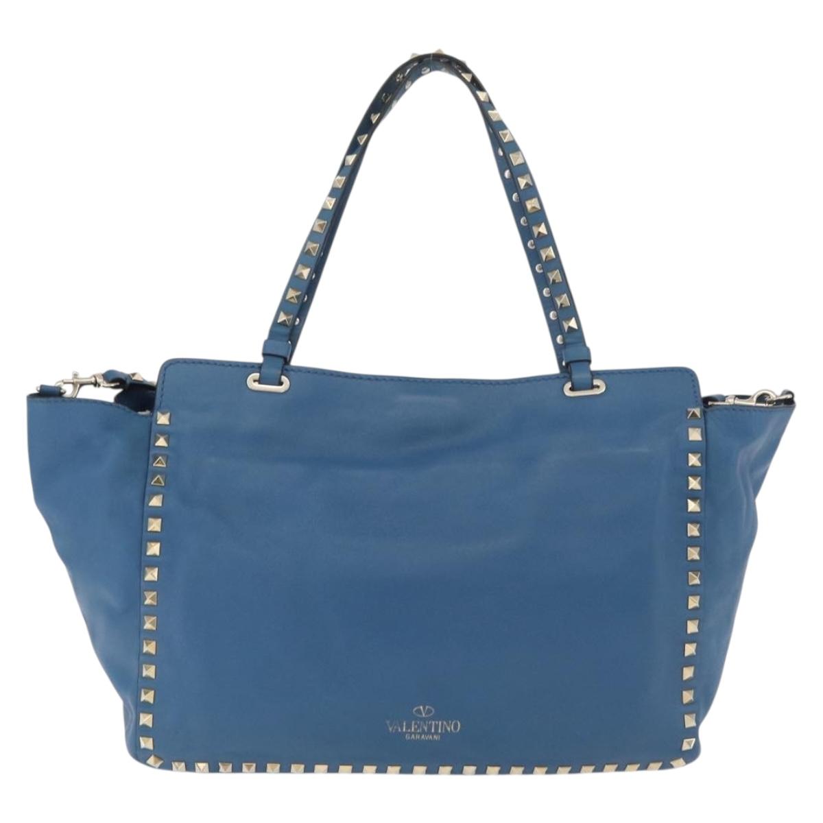VALENTINO Rock Studs Tote Bag Leather 2way Blue Gold Auth BA13124