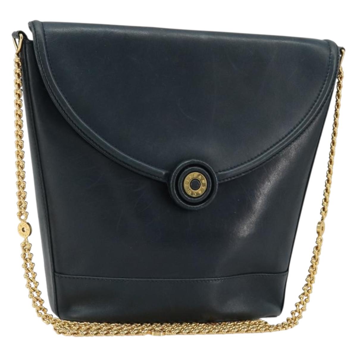 TIFFANY&Co. Chain Shoulder Bag Leather Navy Gold Auth BA13131