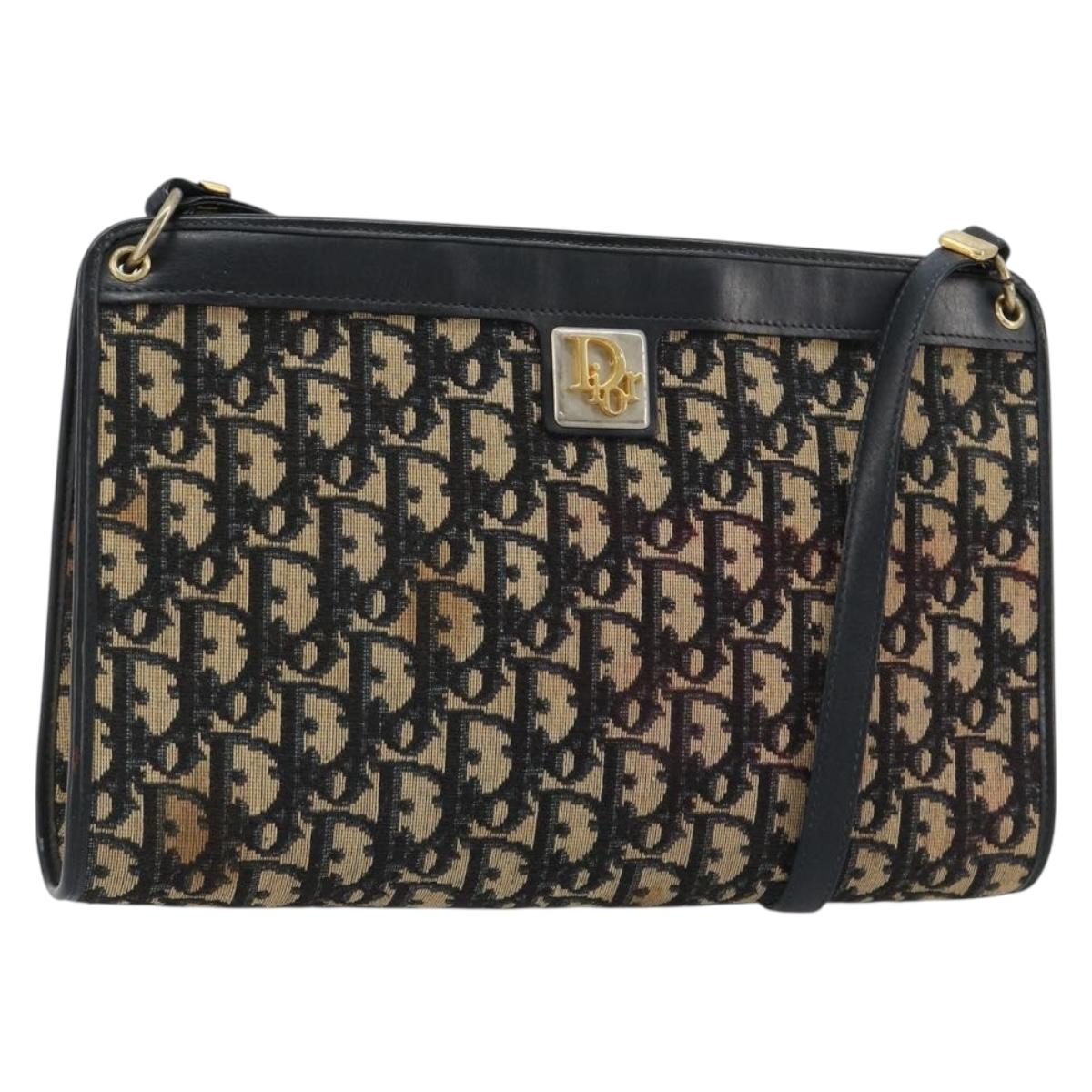 Christian Dior Trotter Canvas Shoulder Bag Navy Gold Auth BA13143