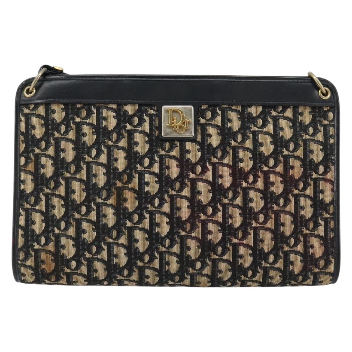 Christian Dior Trotter Canvas Shoulder Bag Navy Gold Auth BA13143