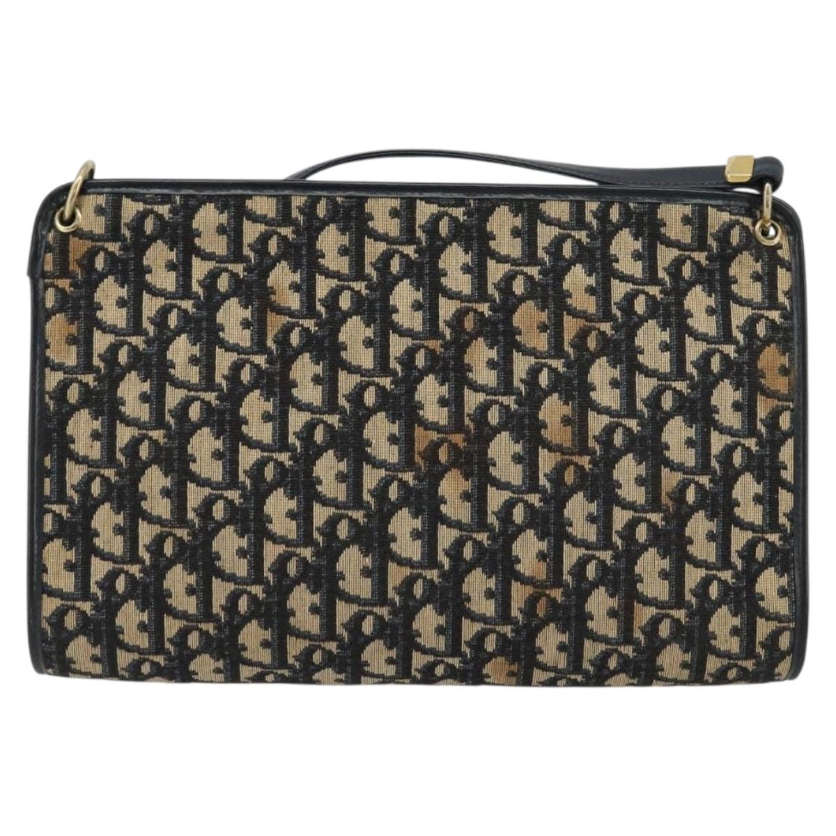 Christian Dior Trotter Canvas Shoulder Bag Navy Gold Auth BA13143