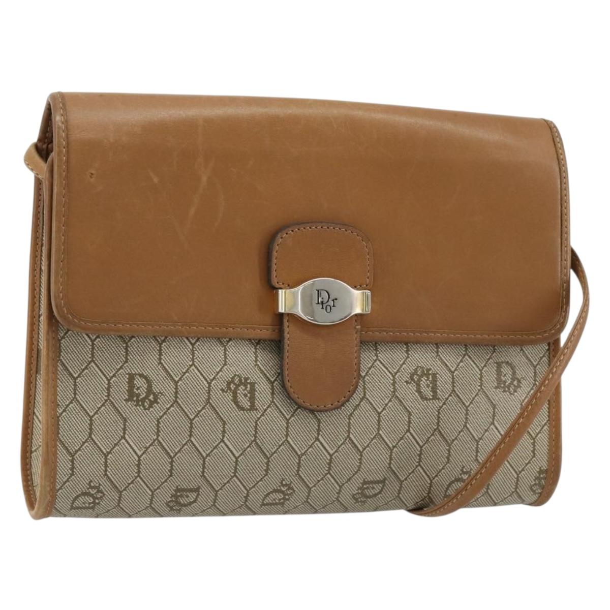 Christian Dior Honeycomb Canvas Shoulder Bag PVC Beige Gold Auth BA13152