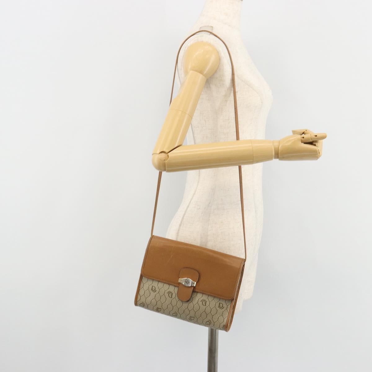 Christian Dior Honeycomb Canvas Shoulder Bag PVC Beige Gold Auth BA13152