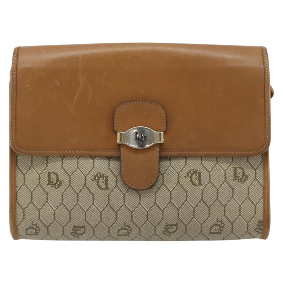 Christian Dior Honeycomb Canvas Shoulder Bag PVC Beige Gold Auth BA13152