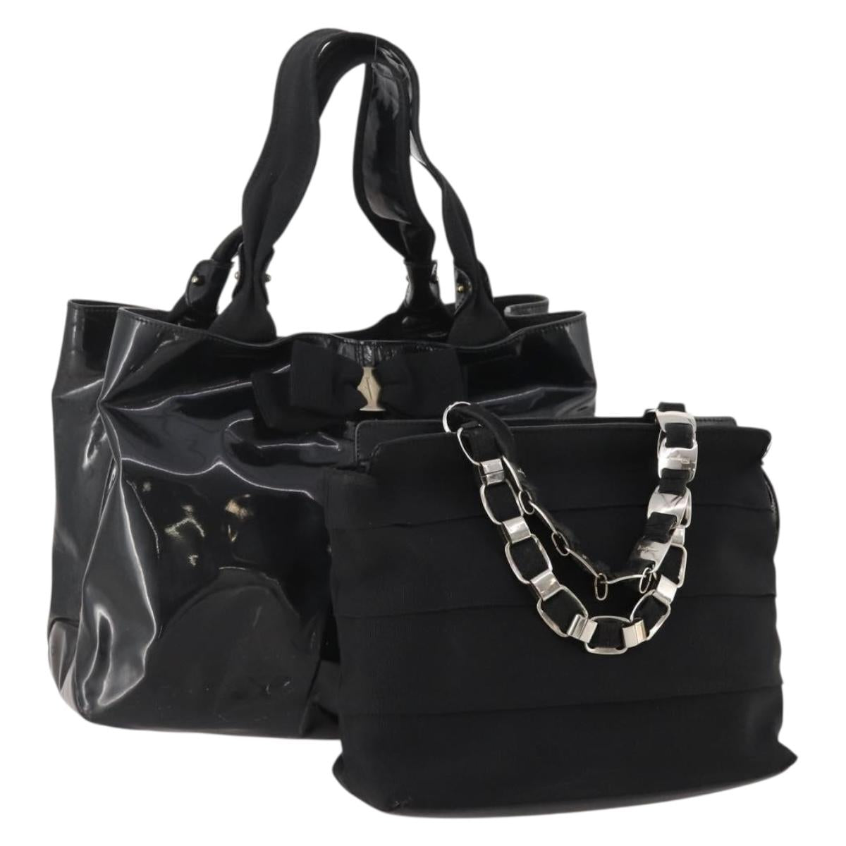 Salvatore Ferragamo Hand Bag Nylon Patent Leather 2 Set Black Auth BA13155