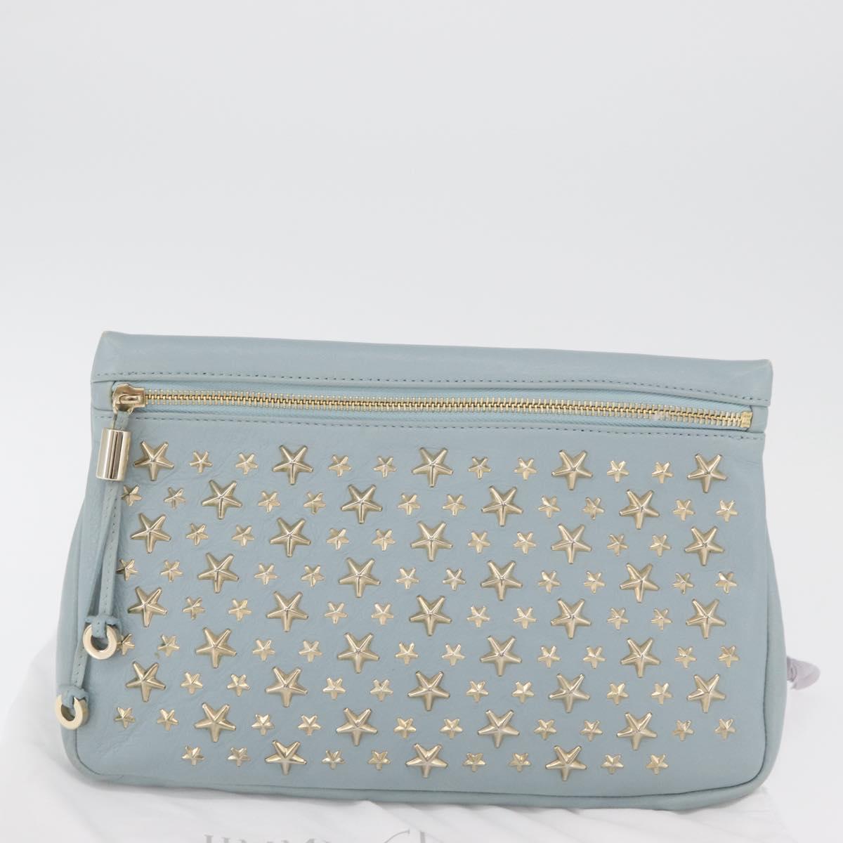 Jimmy Choo Clutch Bag Leather Light Blue Gold Auth BA13172