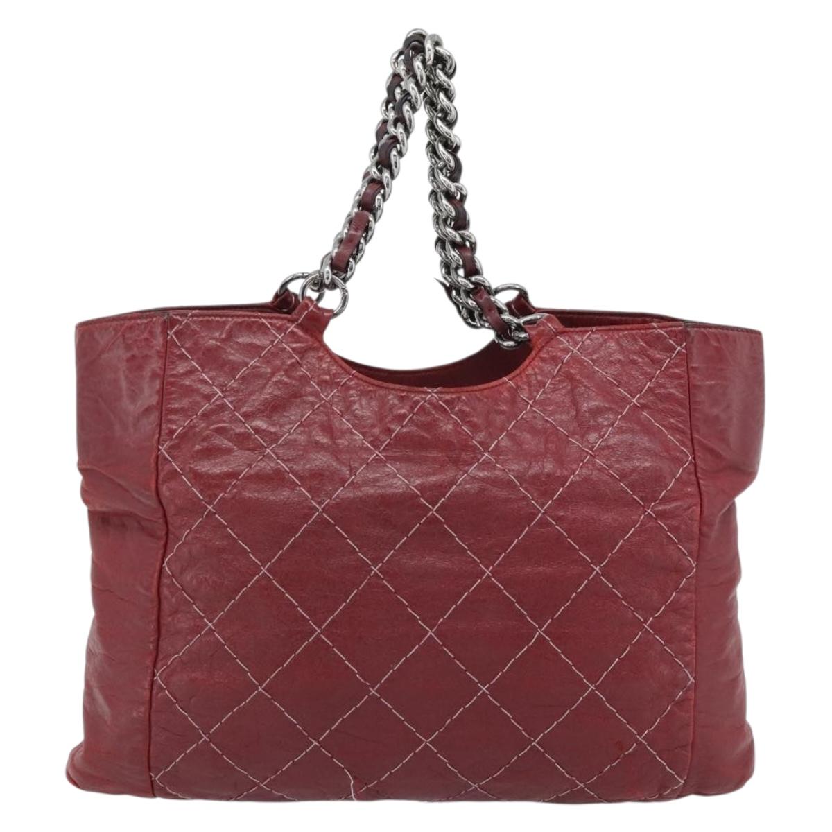 CHANEL Wild Stitch Chain Tote Bag Leather Red Silver CC Auth BA13176