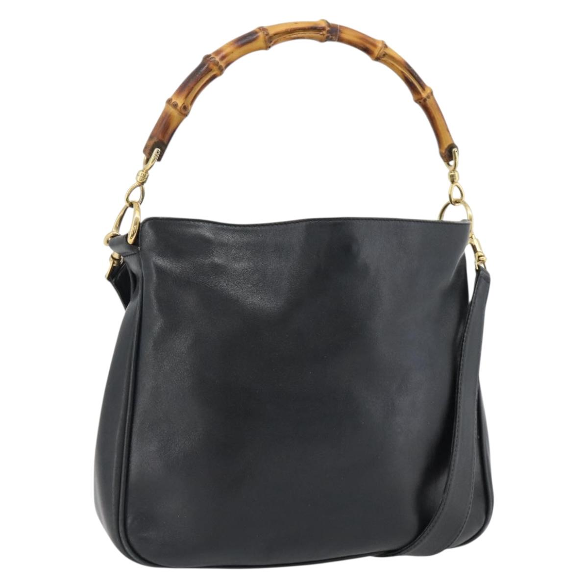 GUCCI Bamboo Shoulder Bag Leather 2way Black Gold 001 1705 1688 Auth BA13181