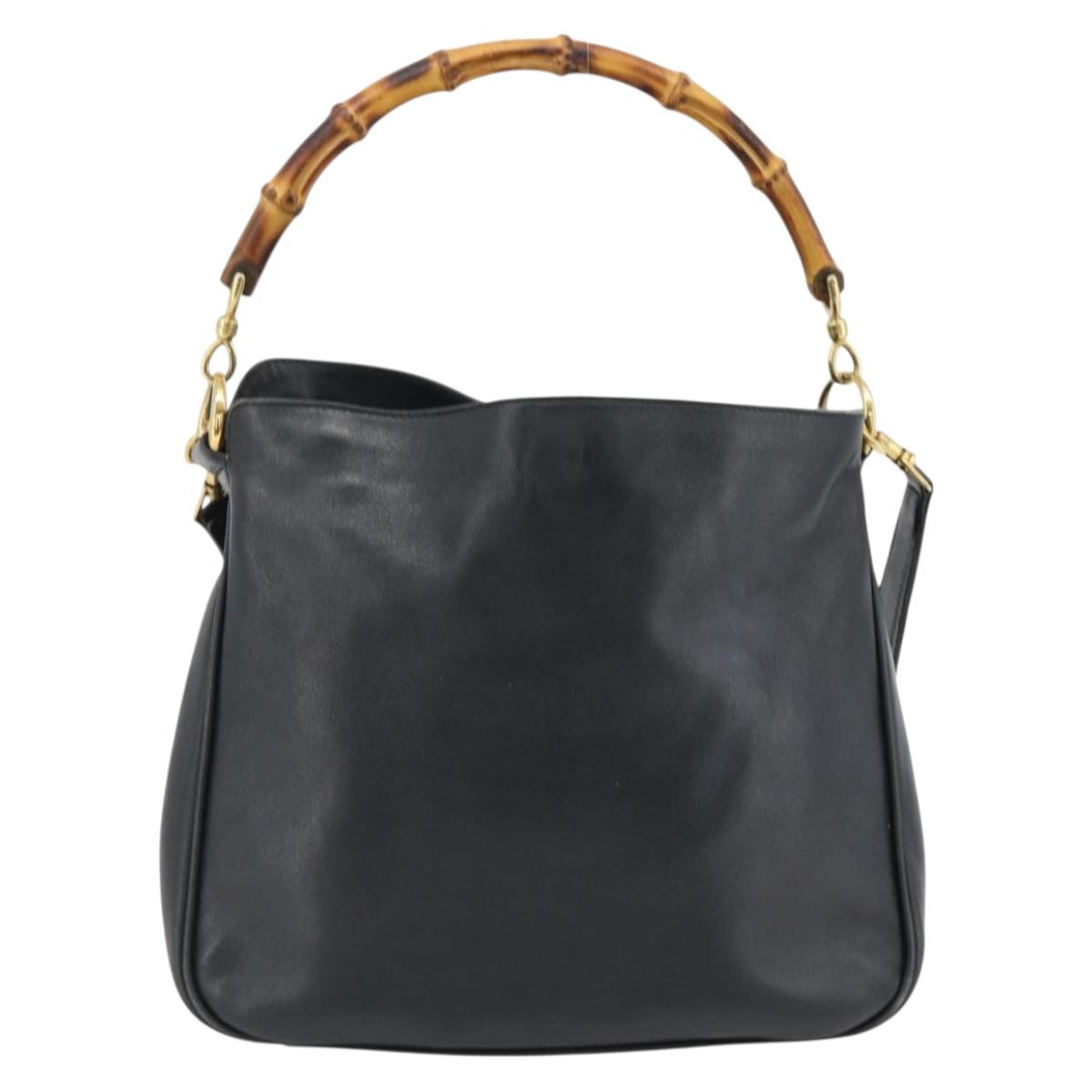 GUCCI Bamboo Shoulder Bag Leather 2way Black Gold 001 1705 1688 Auth BA13181