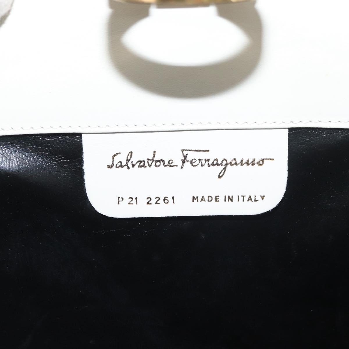 Salvatore Ferragamo Gancini Chain Shoulder Bag Leather White Gold Auth BA13182