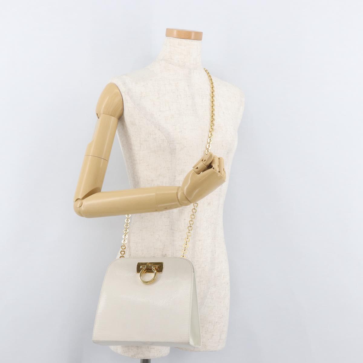 Salvatore Ferragamo Gancini Chain Shoulder Bag Leather White Gold Auth BA13182