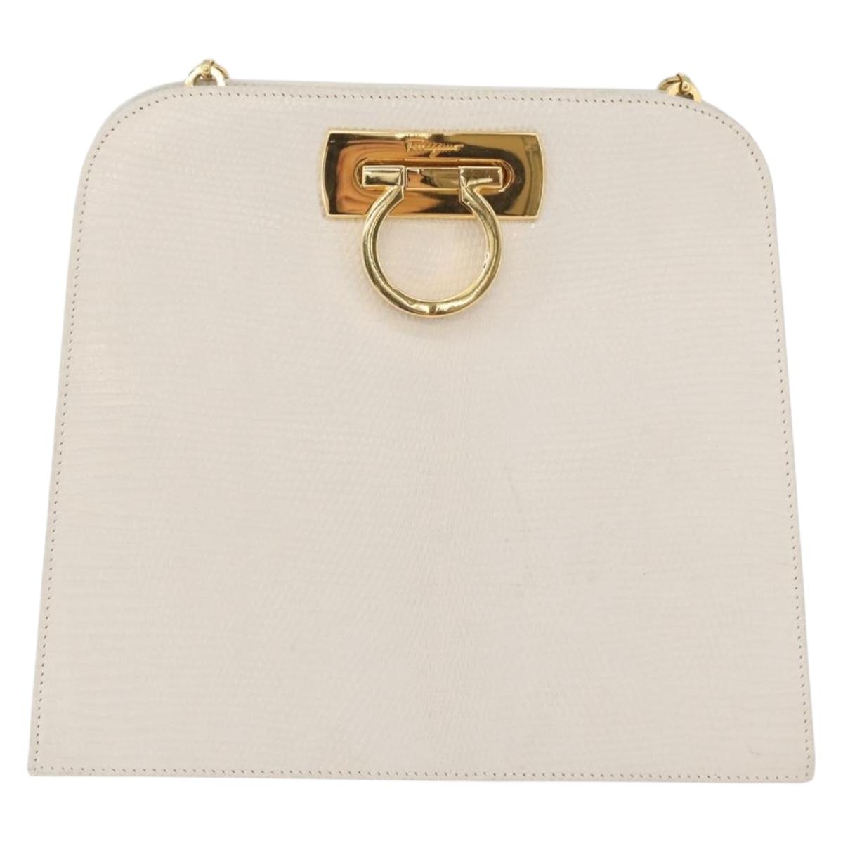 Salvatore Ferragamo Gancini Chain Shoulder Bag Leather White Gold Auth BA13182