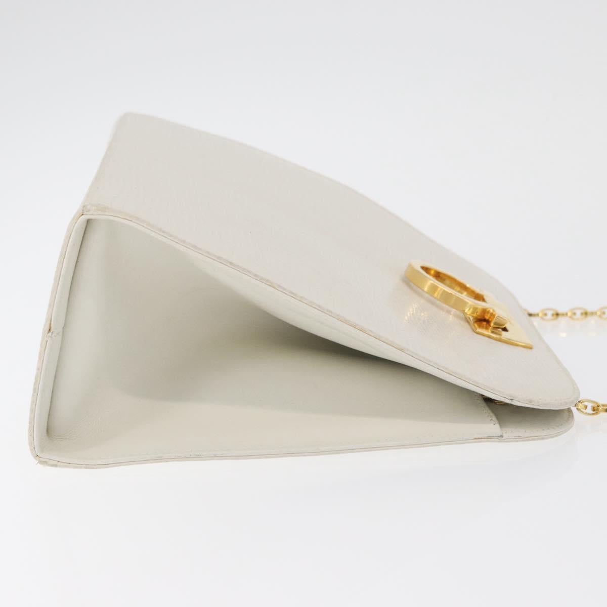 Salvatore Ferragamo Gancini Chain Shoulder Bag Leather White Gold Auth BA13182