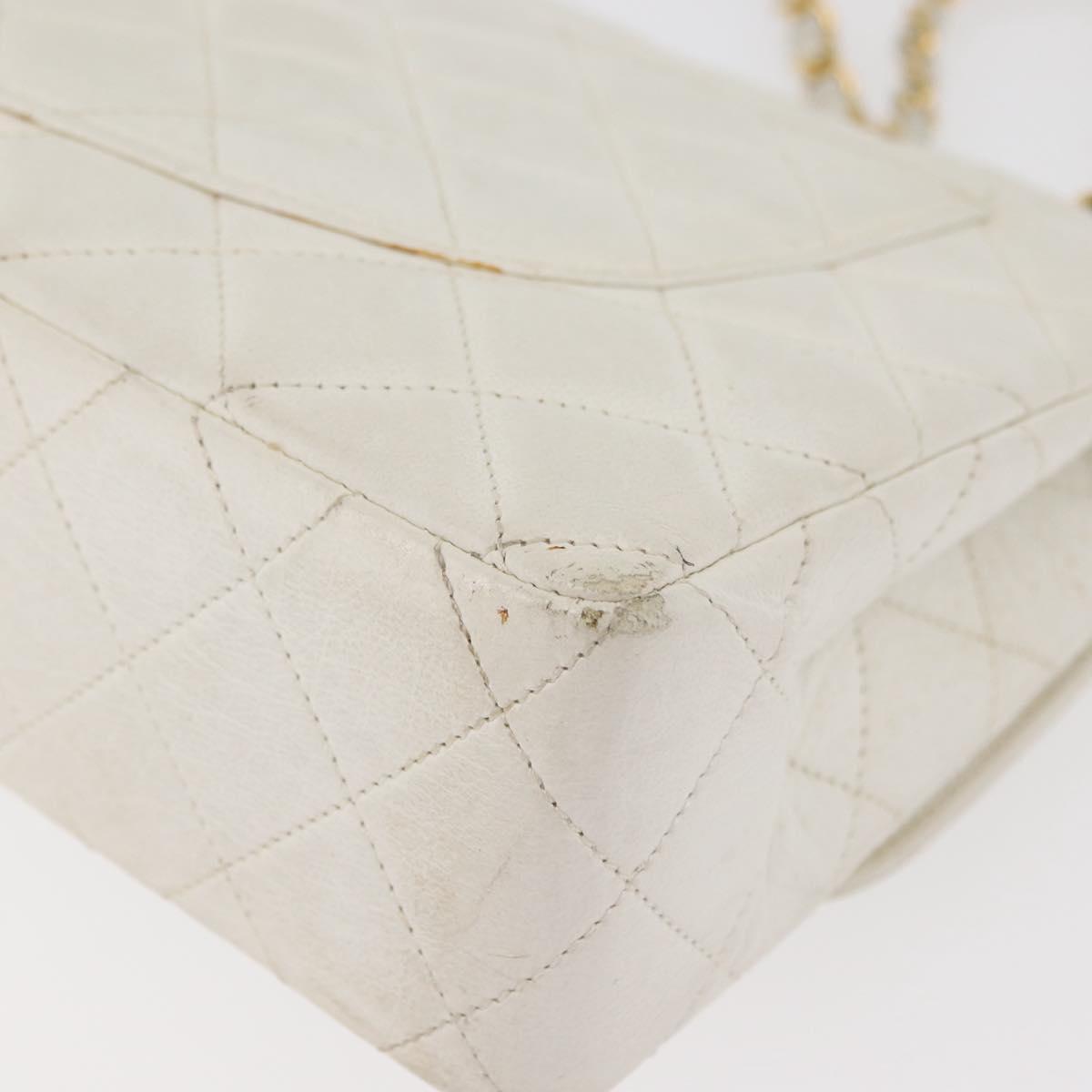 CHANEL Matelasse Double Flap Chain Bag Lamb Skin White Gold CC Auth BA13185