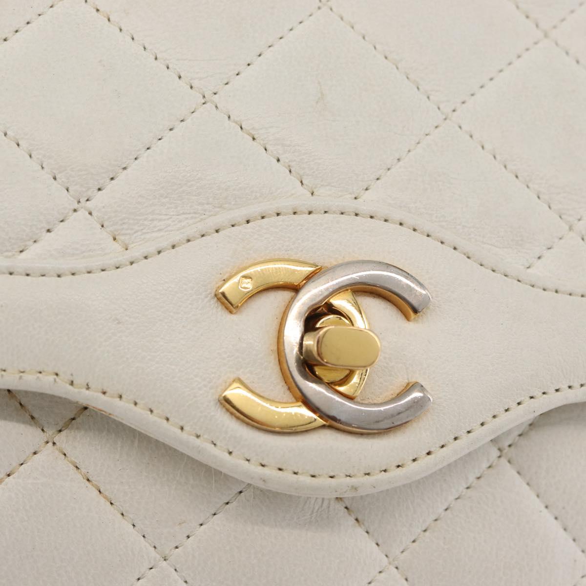 CHANEL Matelasse Double Flap Chain Bag Lamb Skin White Gold CC Auth BA13185