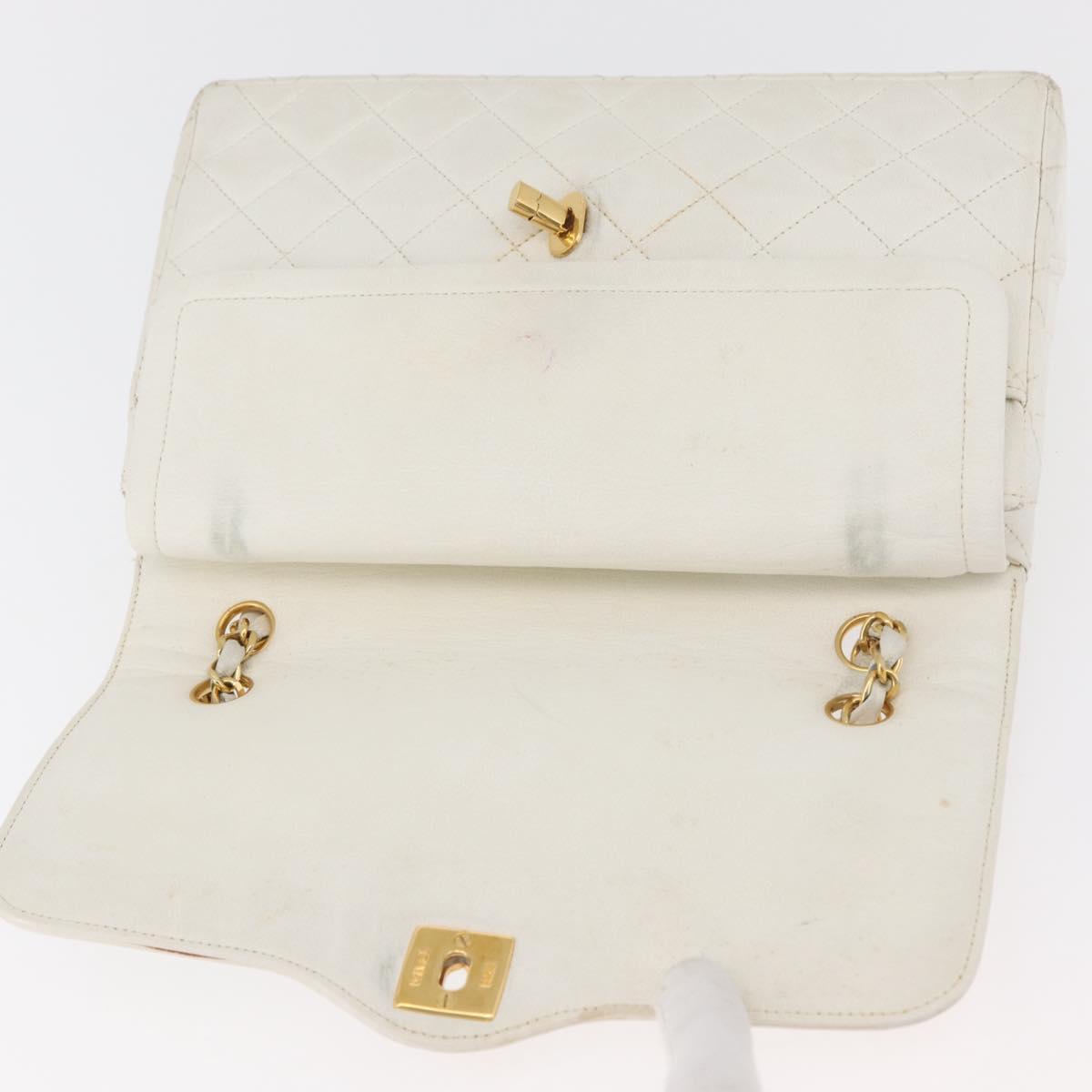 CHANEL Matelasse Double Flap Chain Bag Lamb Skin White Gold CC Auth BA13185