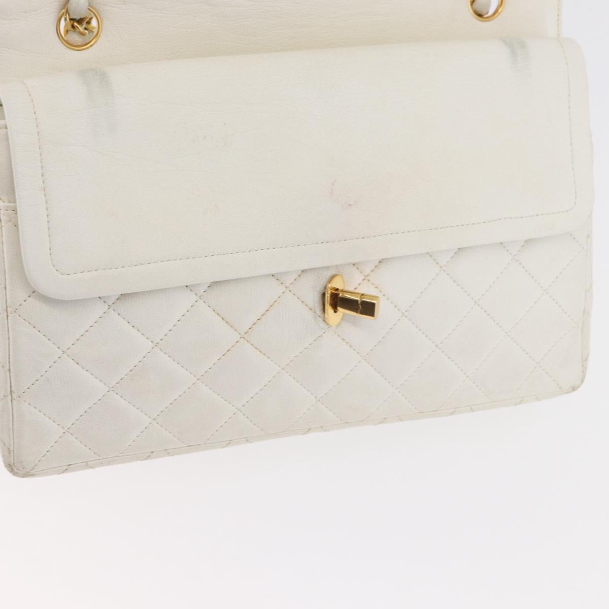 CHANEL Matelasse Double Flap Chain Bag Lamb Skin White Gold CC Auth BA13185