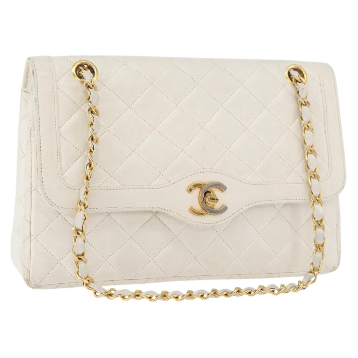 CHANEL Matelasse Double Flap Chain Bag Lamb Skin White Gold CC Auth BA13185