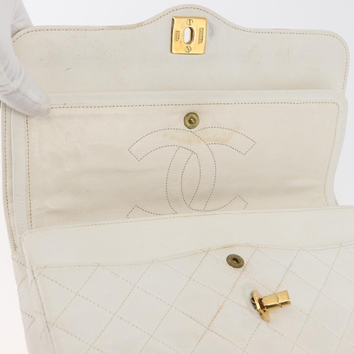 CHANEL Matelasse Double Flap Chain Bag Lamb Skin White Gold CC Auth BA13185