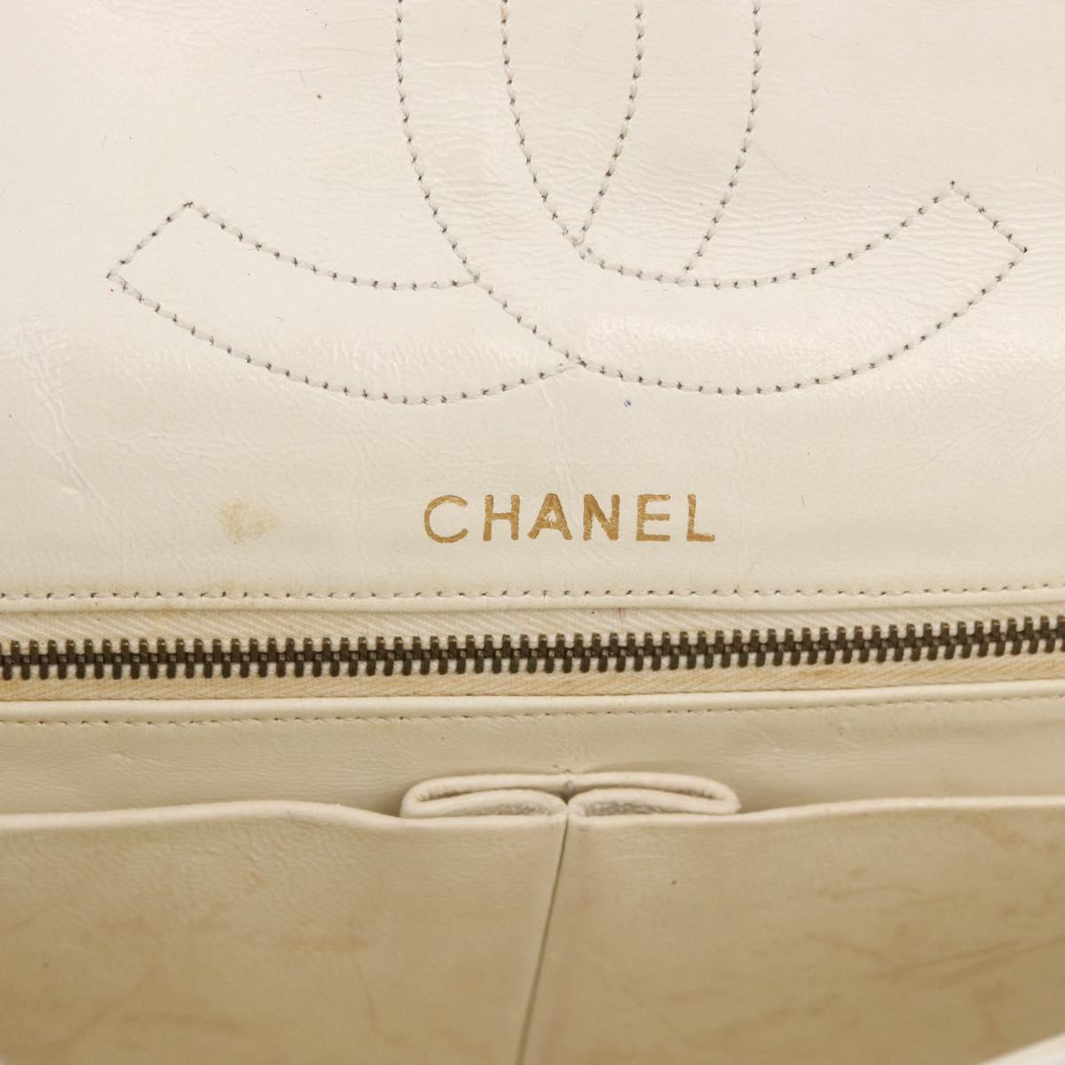 CHANEL Matelasse Double Flap Chain Bag Lamb Skin White Gold CC Auth BA13185